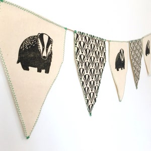 Badger Bunting, wall hanging, banner, decoration. Handmade with linocut design.