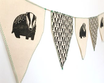 Badger Bunting, wall hanging, banner, decoration. Handmade with linocut design.