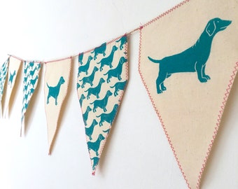 Sausage dog bunting. Wall hanging home decoration. Hand sewn, hand printed linocut design. Nursery decor ideas.