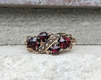 Antique Vintage Victorian Garnet Ring with Seed Pearls in 10k Yellow Gold