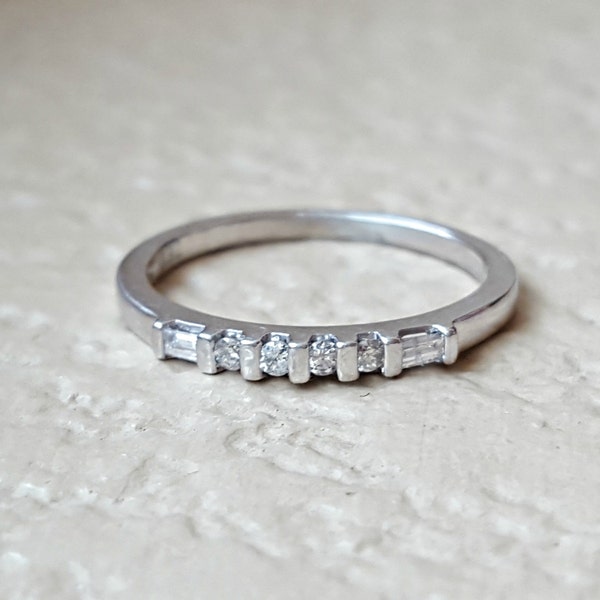 Thin Vintage Platinum Baguette and Round Diamond Wedding Band, Anniversary Band, or Stacking Ring