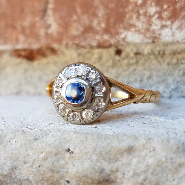 Antique Edwardian Sapphire Diamond Halo Ring in 18k Gold | Edwardian Cluster Daisy Diamond Ring 1906