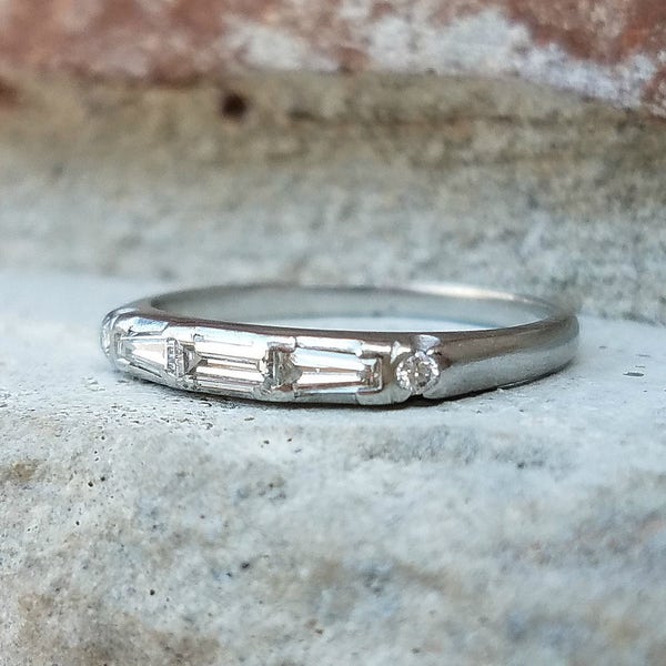 Vintage Baguette Diamond Wedding Band Ring, Anniversary Band in Platinum | Great as a Stacking Ring
