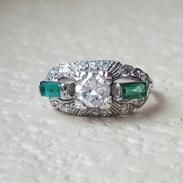 Vintage Antique 1.10 carat Art Deco Transition Cut Diamond and Natural Emerald Engagement Wedding Ring in Platinum