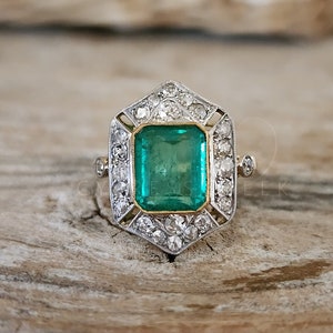 Antique Colombian Emerald and Diamond Engagement Ring | Vintage GIA Certified Emerald in 18k Gold and Platinum