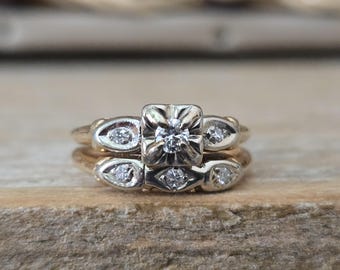 Vintage Bridal Set in 14k Yellow and White Gold | Vintage Wedding Set with Engagement and Band Ring