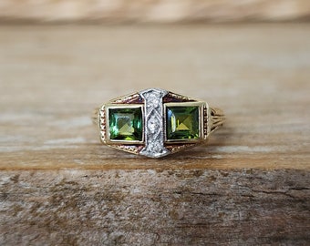 Antique Tourmaline and Diamond Art Deco Ring in 14k Yellow and White Gold | October Birthstone