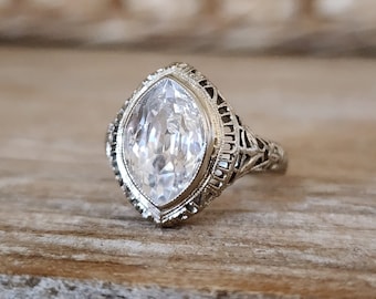 Rare Antique White Sapphire Old Cut Marquise Art Deco Ring | Antique Engagement Ring
