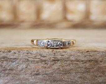 Vintage Art Deco 3 Diamond Wedding Band Ring in 14k Yellow and White Gold | Antique Wedding Band | Stacking Ring Sz 5.5
