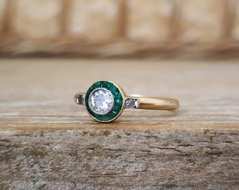 Antique French Art Deco Old European Cut Diamond Emerald Halo Engagement Ring in Yellow Gold