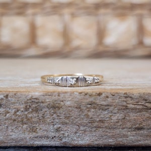 Vintage Art Deco 3 Diamond Wedding Band Ring in 14k Yellow and White Gold | Antique Wedding Band | Stacking Ring