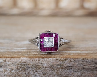 Old Mine Cut Diamond Ruby Halo Engagement Ring in 14k White Gold | Vintage Engagement Ring | Target Halo Ring