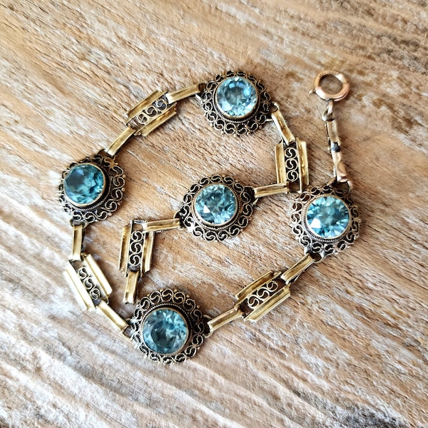 Vintage Blue Zircon Bracelet Gold Filled | Art Deco Bracelet