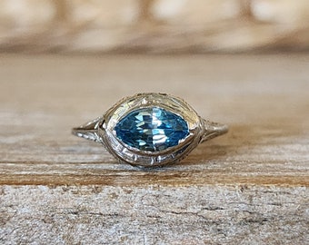 Vintage Engagement Ring | Art Deco Blue Zircon Ring in 18k White Gold | Boho Bride