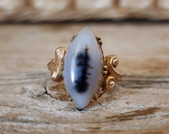 Antique Victorian Moss Agate Ring 10k Gold-Filled | Dendritic Agate | Victorian Gold Ring | Bohemian Ring | Art Nouveau