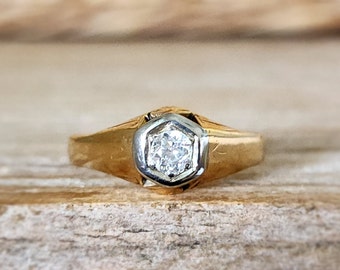 Antique Engagement Ring | Classic Edwardian Old European Diamond Ring Set in Platinum and 14k Yellow Gold