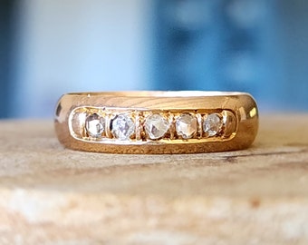 Antique Rose Cut Diamond Wide Wedding Band Ring in 14k Gold |  Stacking Band | 5 Stone Diamond Ring | Victorian to Edwardian Era