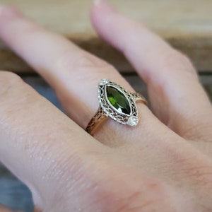 Antique Tourmaline and Diamond Navette Marquise Ring in 14k Yellow and White Gold October Birthstone image 6