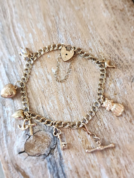 Adjustable Vintage 9CT Rose Gold Charm Bracelet wi