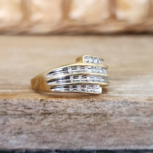 Estate Diamond Round and Baguette Wide Band Bypass Ring in Yellow Gold image 3
