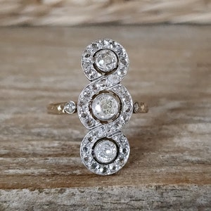 Antique Engagement Ring | Edwardian Old Mine Cut Diamond Ring in 18k Gold and Platinum | Navette Shield Panel Statement Ring