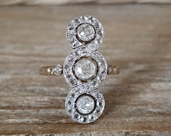 Antique Engagement Ring | Edwardian Old Mine Cut Diamond Ring in 18k Gold and Platinum | Navette Shield Panel Statement Ring