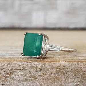 Estate Colombian Emerald Ring  3.13 ct | Vintage Square Cut Emerald and White Sapphire Baguette Ring set into Platinum
