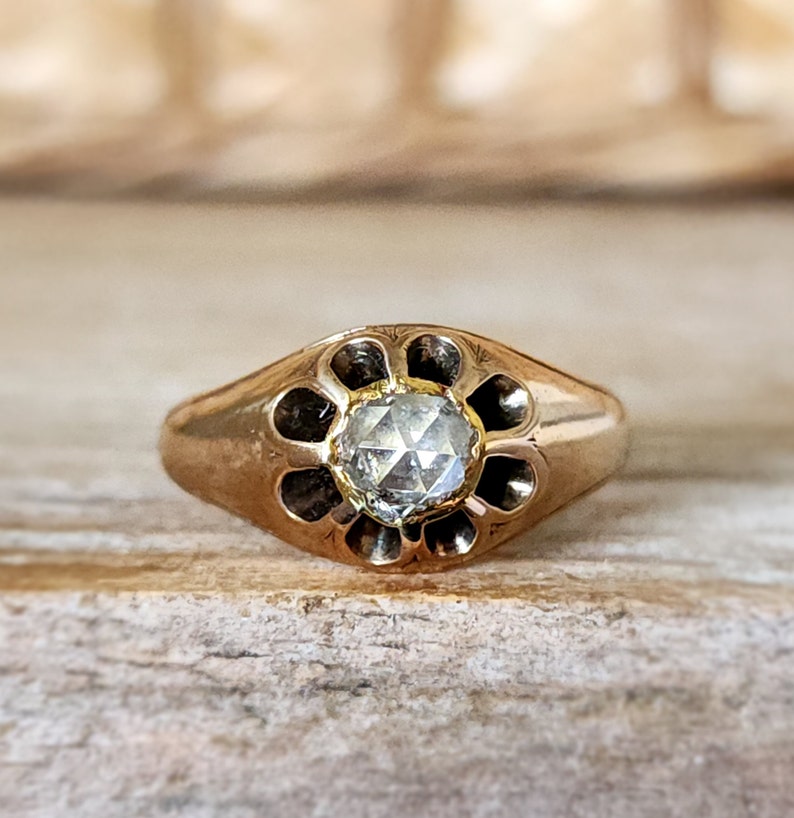 Antique Victorian Rose Cut Diamond Engagement Ring Victorian Belcher Gray Diamond Ring in 18k Gold image 1