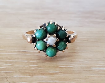 Antique Green Turquoise and Seed Pearl Daisy Ring in Yellow Gold | Victorian Turquoise Turquois Stacking Fashion Ring