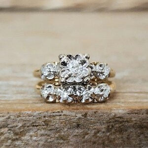 Vintage Diamond Engagement Ring and Wedding Band Set in 14k Yellow and White Gold