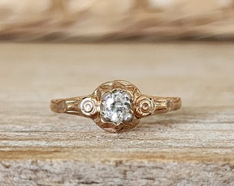 Antique Engagement Ring | Classic Art Deco Old European 0.15 Diamond Ring Set in Yellow,  White, Rose Gold