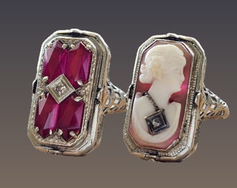 Rare Art Deco Flip Ring Ruby, Diamond, and Cameo 14k White Gold