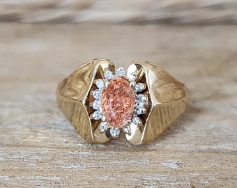 Vintage Sunstone Rainbow Lattice Ring in 14k Yellow Gold | Wide Band Ring | Unique Engagement Ring