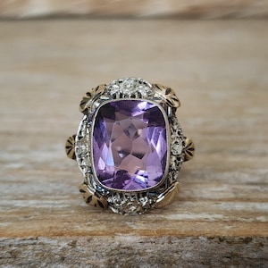 Vintage Art Deco Amethyst Ring in 14k White and Green Gold | Antique Statement Ring