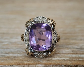 Vintage Art Deco Amethyst Ring in 14k White and Green Gold | Antique Statement Ring
