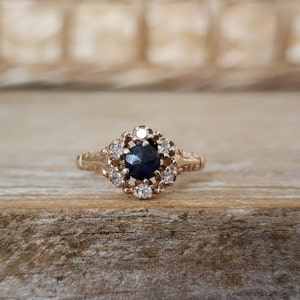 Vintage Art Deco Sapphire Colored Glass and Diamond Halo Ring in Yellow Gold | Project Upcycle Idea