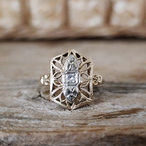 Vintage Deco Diamond Shield Panel Ring with Single Cut Diamond in 14k Yellow and White Gold