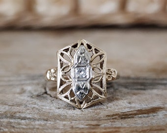 Vintage Deco Diamond Shield Panel Ring with Single Cut Diamond in 14k Yellow and White Gold