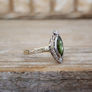 Antique Tourmaline and Diamond Navette Marquise Ring in 14k Yellow and White Gold October Birthstone image 4