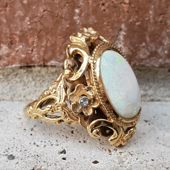 Antique Opal Diamond Ring | Art Nouveau Yellow Go… - image 4