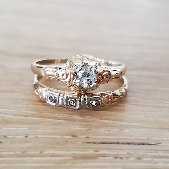 Antique Engagement Ring Classic Art Deco Old European 0.15 Diamond Ring Set in Yellow White Rose Gold Etsy