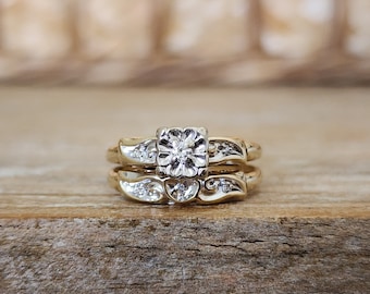 Vintage Diamond Bridal Set in 14k Two Toned Yellow and White Gold Signed Vellmar.