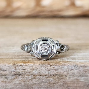 Antique Engagement Ring | Art Deco Diamond Ring Set into 18k White Gold | Old Mine Cut Diamond