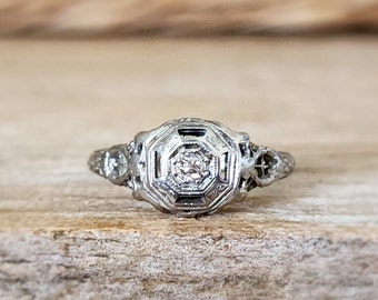 Antique Engagement Ring | Art Deco Diamond Ring Set into 18k White Gold | Old Mine Cut Diamond
