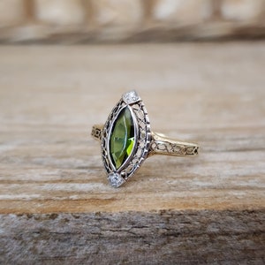 Antique Tourmaline and Diamond Navette Marquise Ring in 14k Yellow and White Gold October Birthstone image 2