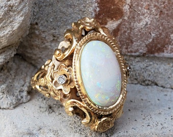 Antique Opal Diamond Ring | Art Nouveau Yellow Gold Ring | Antique Statement Ring