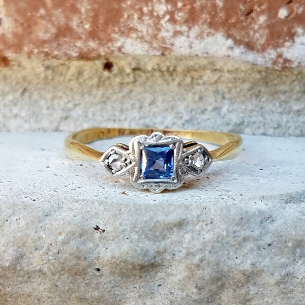 Antique Art Deco Sapphire Diamond Ring in 18k Gold and Platinum Signed Lawson Ward