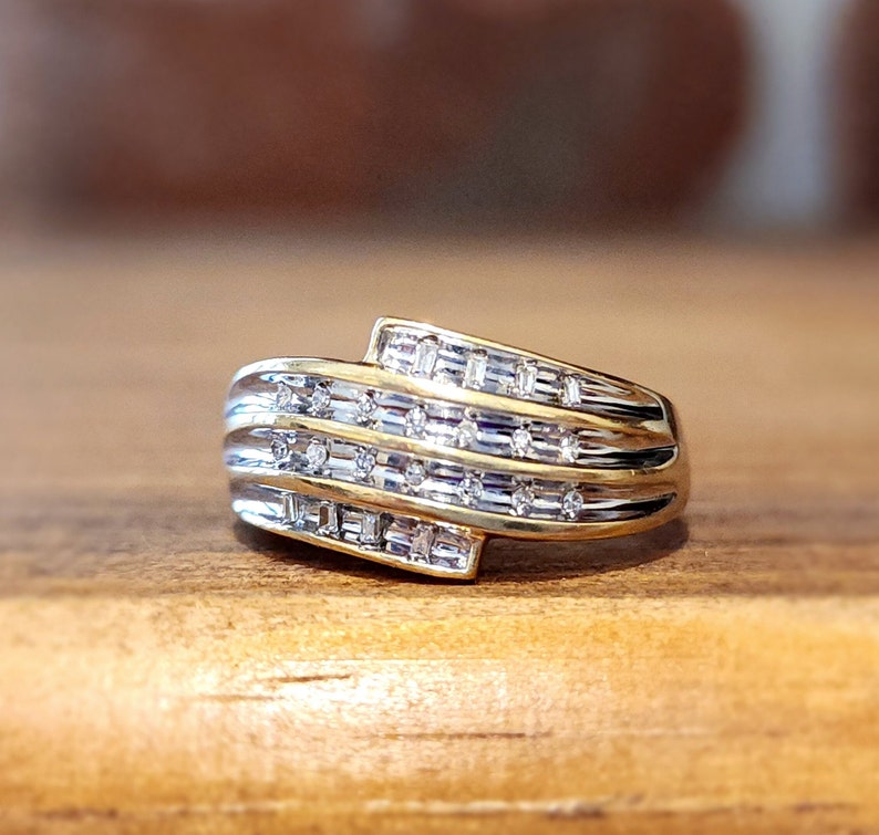 Estate Diamond Round and Baguette Wide Band Bypass Ring in Yellow Gold image 4