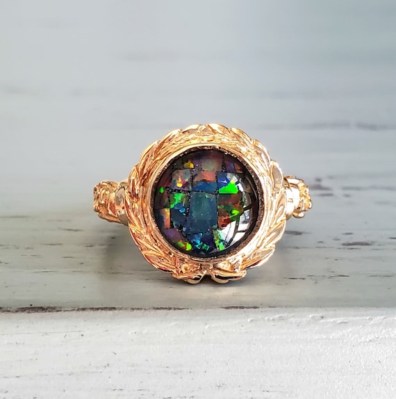 Vintage Black Mosaic Opal Ring in 14k Yellow Gold