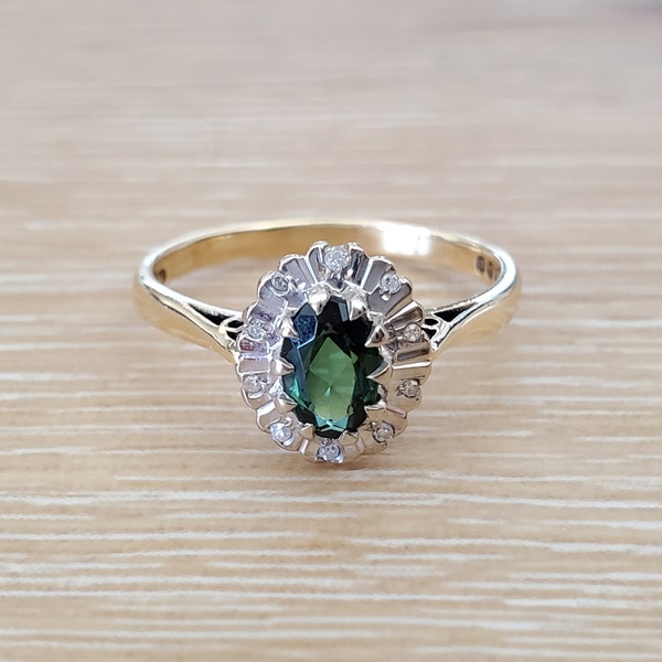 Vintage Green Tourmaline Diamond Halo Ring in 18k Yellow Gold | Ballerina Ring | Engagement Ring